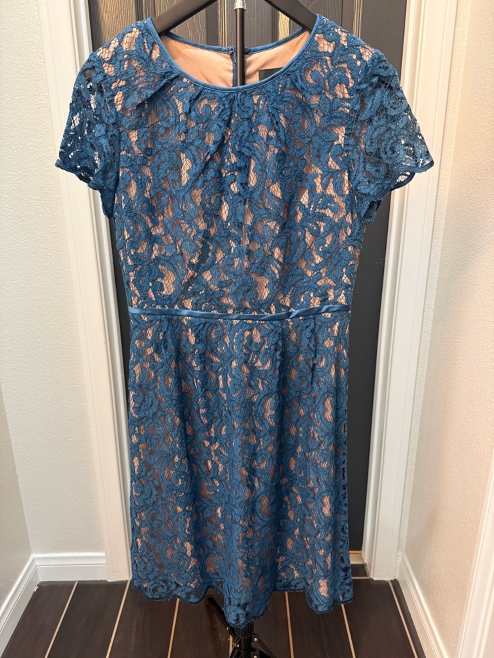 Adrianna Papell Teal Lace Midi Dress with Nude Lining